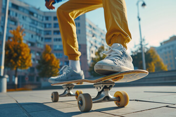 Close up on legs and skateboard of man skating in city
