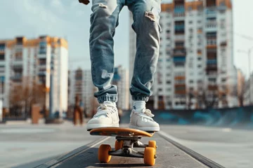 Afwasbaar fotobehang Close up on legs and skateboard of man skating in city © Daniel