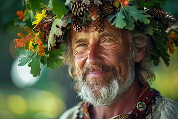 Portrait of smiling Man with oak crown in traditional outfit at midsummer festival - obrazy, fototapety, plakaty