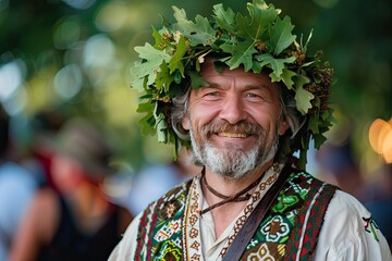 Portrait of smiling Man with oak crown in traditional outfit at midsummer festival - obrazy, fototapety, plakaty