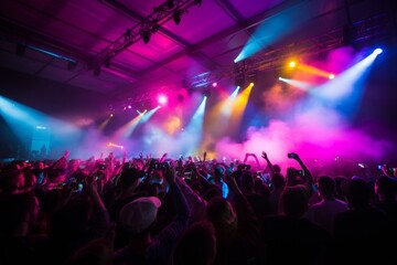the vibrant atmosphere of a live dj event with a pulsating crowd and neon lasers illuminating the...