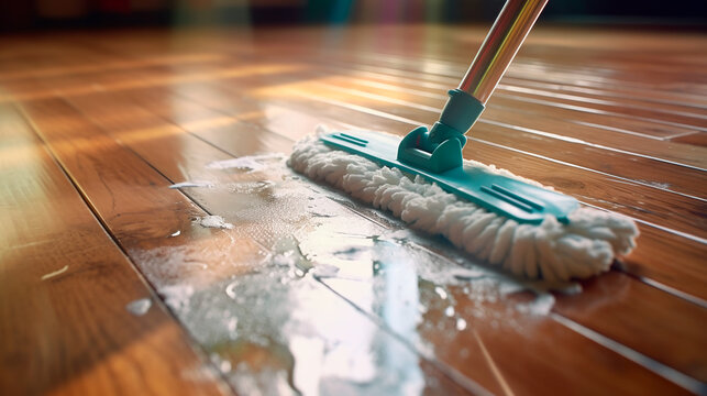 A mop is being used to clean a wooden floor