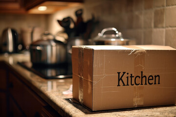 A moving box labeled "Kitchen" sitting on a countertop.
