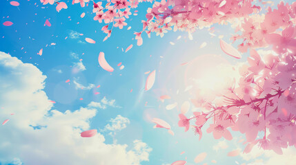 illustration of anime cherry tree branches against blue sky, copy space