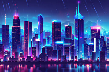 A panoramic view of a futuristic city skyline at night