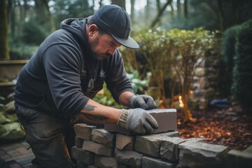 Man Building Brick Wall in Woods - Powered by Adobe