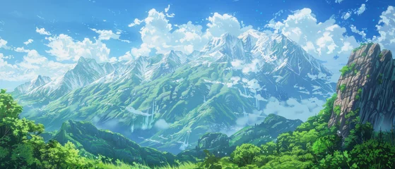 Fototapeten illustration of an anime mountain landscape with blue sky © Claudia Nass