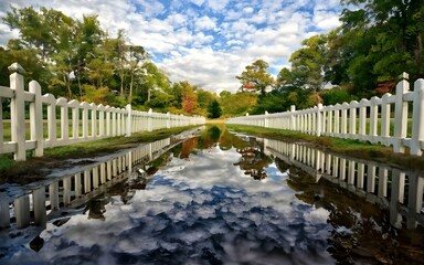 Reflection in puddle of water - fence, trees and sunny sky after rain, photo, stock photos, travel, vlogs,