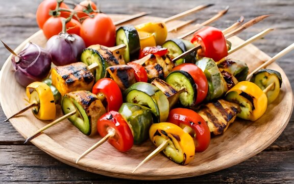 Shishkabob skewered with grilled vegetables., photo, food recipes, vegan recipes, stock photos, stock images, stock food photos, life stock, ai, barb b q, recipes