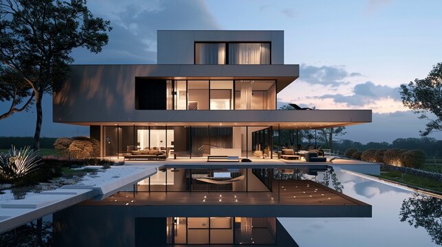 Luxury minimalist house, reflective pool, evening ambiance, rear angle, highlighting tranquility and design purity