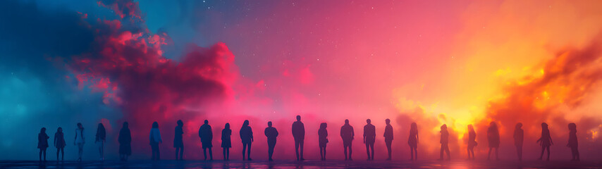 Conceptual illustration of a group of people standing in a row against the background of a beautiful sunset - obrazy, fototapety, plakaty