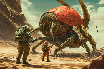 Two men stand next to a giant spider in a desert landscape, Spacemen examining huge, bizarre-looking extraterrestrial organisms on an alien planet, AI Generated