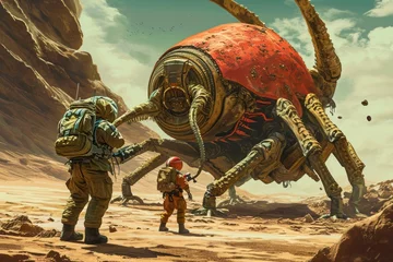 Poster Two men stand next to a giant spider in a desert landscape, Spacemen examining huge, bizarre-looking extraterrestrial organisms on an alien planet, AI Generated © Ifti Digital