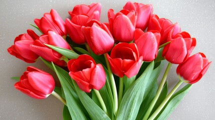 a vase filled with red tulips sitting on top of a white counter top next to a white wall.