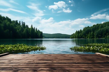 Wooden pier on a lake with forest in the background and blue sky - obrazy, fototapety, plakaty