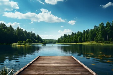 Wooden pier on a lake with forest in the background and blue sky - obrazy, fototapety, plakaty