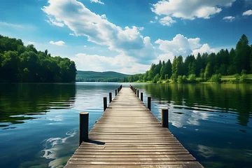  Wooden pier on a lake with forest in the background and blue sky © Creative