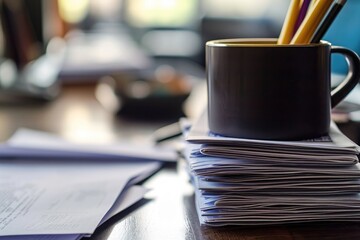 A cup filled with pencils placed on a stack of various papers, Stack of business documents with a mug of coffee on desk, AI Generated - Powered by Adobe
