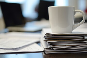 Fototapeta premium A stack of papers and a coffee cup placed on a table, creating a workspace or reading area, Stack of business documents with a mug of coffee on desk, AI Generated