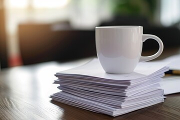 A neat stack of papers is placed on top of a wooden table, Stack of business documents with a mug...