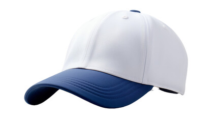 A white and blue baseball cap resting on a pristine white background