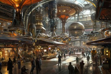 Fototapeta na wymiar A bustling metropolis in the future, filled to the brim with numerous individuals going about their daily activities, Steampunk-inspired spaceport bustling with intergalactic travelers, AI Generated