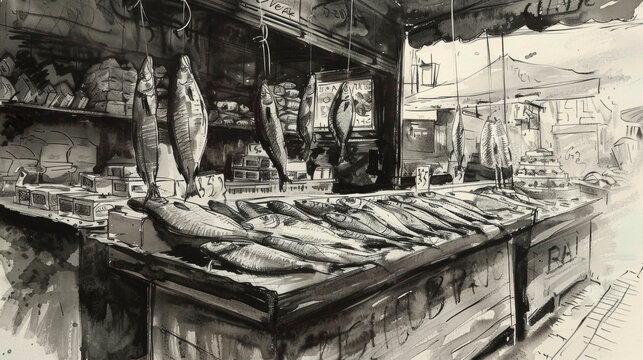 A detailed black and white illustration of a fish stand, showcasing various types of fresh fish displayed on ice. stand is depicted with a canopy and signage indicating the name. Banner. Copy space