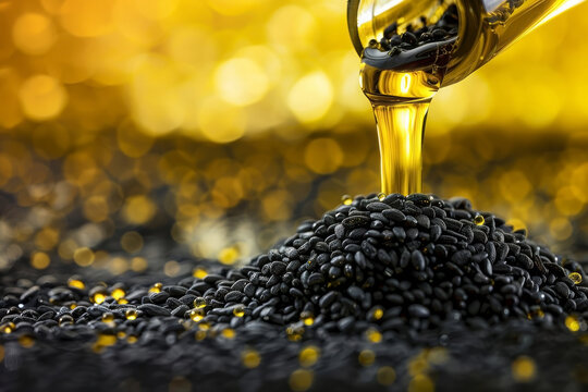 Close-up of a jet of black cumin oil flowing out of a bottle onto black seeds. Generated AI