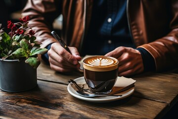 Cropped image of a man's hands at a coffee table. A man takes notes in his notebook in a cafe