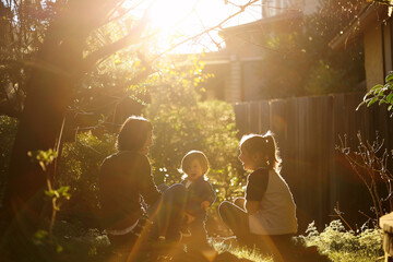 A family laughing and playing together in a sunlit 