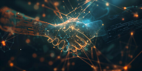 Close-up of a leader's hand shaking a holographic hand, representing the merging of human leadership with AI technology in business innovation 286