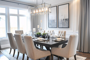 A formal dining room with a solid wood table upholster