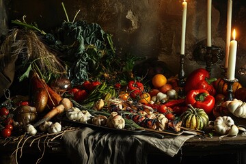 A table generously adorned with a variety of vegetables showcasing the diversity of colors, shapes, and textures, Still life of grilled vegetables in renaissance style, AI Generated