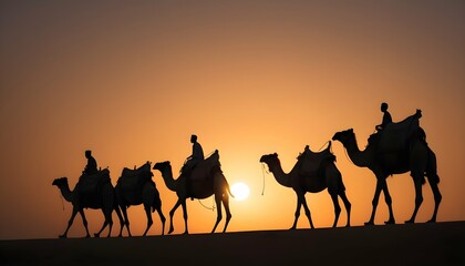 Fototapeta na wymiar A Camel Caravan Silhouetted Against A Setting Sun Upscaled