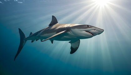 A Hammerhead Shark With Sunlight Filtering Through Upscaled 3 - obrazy, fototapety, plakaty