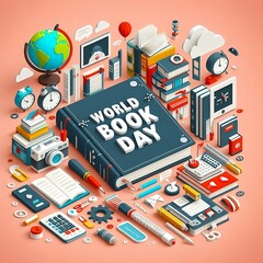 back to school concept , World book day illustration with books and objects reading, illustration, and  World Book Day created with generative ai