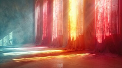 room is lined with numerous raibow colored long curtains, creating a dramatic and decorative atmosphere. - obrazy, fototapety, plakaty