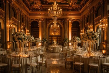 Fototapeta na wymiar The photo depicts a grand ballroom adorned with elegant chandeliers, beautifully set tables, and a luxurious ambiance, Stunning regal palace as the backdrop for a royal wedding, AI Generated