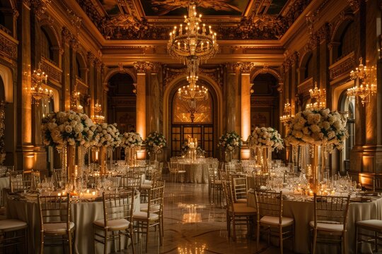 The photo depicts a grand ballroom adorned with elegant chandeliers, beautifully set tables, and a luxurious ambiance, Stunning regal palace as the backdrop for a royal wedding, AI Generated