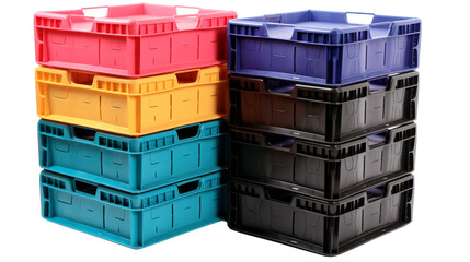 A symmetrical arrangement of plastic containers in various sizes stacked next to each other