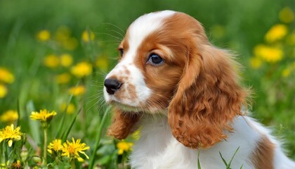 the portrait of sitting red and white puppy of spaniel