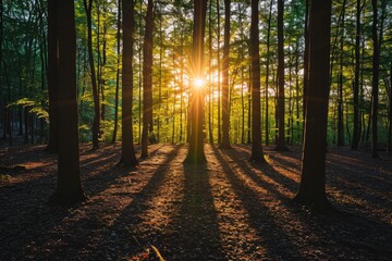 Fototapeta premium A radiant sun casts its warm light through the dense foliage of the forest, illuminating the surroundings, Sunset casting long shadows in a dense forest, AI Generated