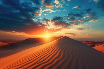 A stunning image capturing the sun setting over a picturesque sand dune, casting a warm glow on the landscape, Sunset over tranquil sand dunes in a desert, AI Generated