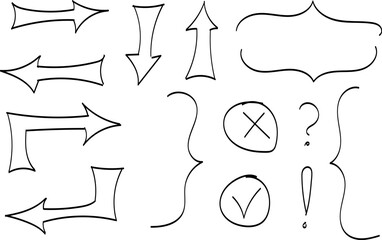 Hand drawn arrows, scribble, squiggles, curly lines, doodles drawn with a brush. Vector graphic scribble elements