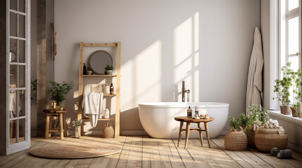 Fototapeta na wymiar A bathroom with a white bathtub, a wooden stool, and a mirror. The bathroom is decorated with plants and has a natural, calming atmosphere