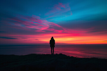 Fototapeta na wymiar A lone figure silhouetted against a vibrant sunset