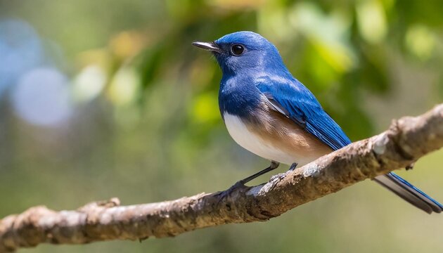 a portrait of a beautiful blue bird ultramarine flycatcher perching on branch
