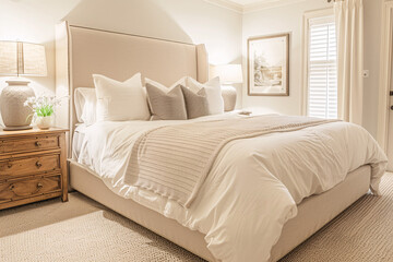 A master bedroom with a king-size bed soft bedding