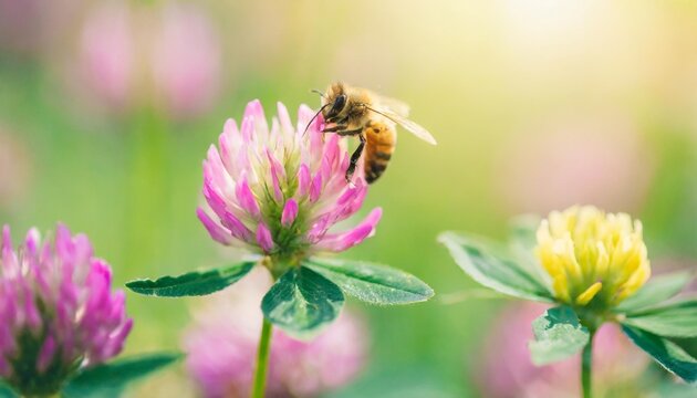 beautiful spring wild meadow clover flowers pink and yellow colors in sun light with bee macro soft focus nature background delicate pastel toned image nature floral springtime high key