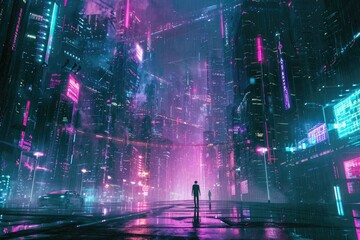 A man wearing a dark coat stands in the center of a bustling city at night, surrounded by tall buildings and illuminated streetlights, Surreal cyberpunk cityscape with neon lights, AI Generated - obrazy, fototapety, plakaty
